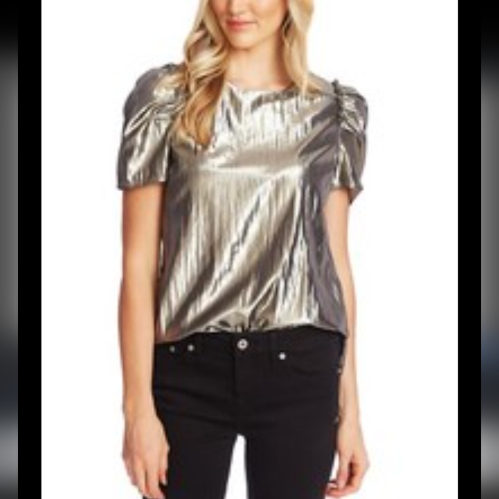 CeCe Metallic Silver/Gold Puff Sleeve Top